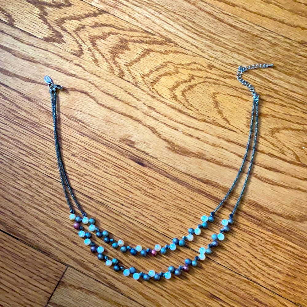 Pewter gray & Pearl Lia Sophia necklace. Cool toned pearls and dark pewter band.